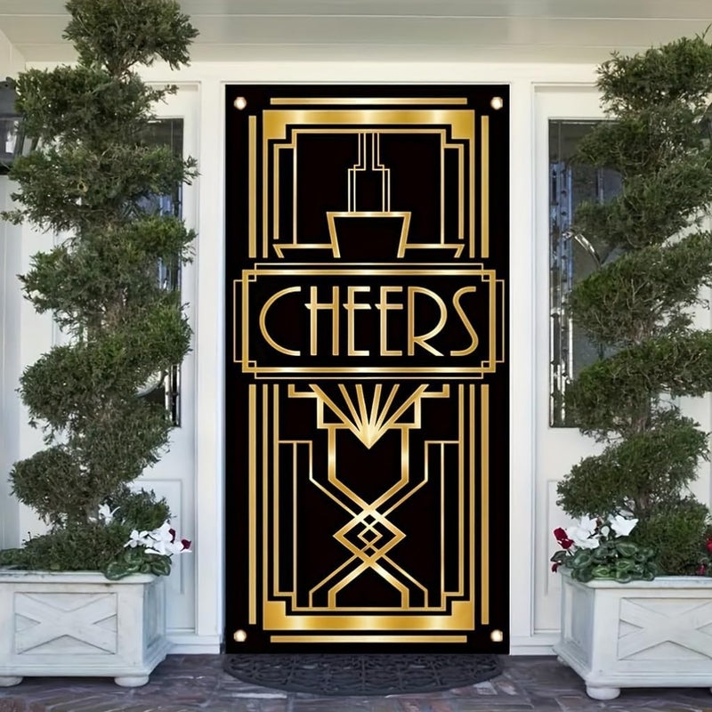 TOMHONG Cheers Door Banner Black and Gold 71x35 Inch Art Deco Party Decoration for New Year Wedding Cocktail Birthday Event Indoor Outdoor Decor - Image 1